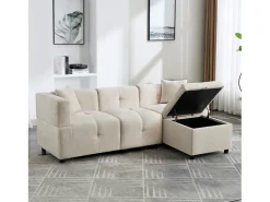 Sofá de canto de 3 lugares - 204 x 126 x 69 cm - com armazenamento + apoio para os pés removível + 2 almofadas - Chenille - branco
