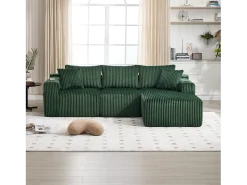 Sofá de canto de 3 lugares com chaise longue e 5 almofadas - Tecido de bombazine - Verde esmeralda