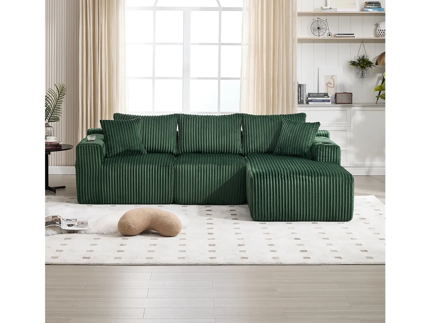 Sofá de canto de 3 lugares com chaise longue e 5 almofadas - Tecido de bombazine - Verde esmeralda