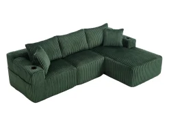 Sofá de canto de 3 lugares com chaise longue e 5 almofadas - Tecido de bombazine - Verde esmeralda