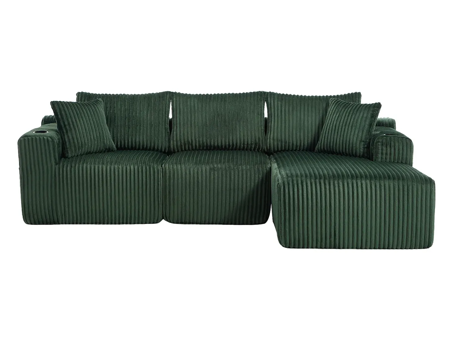 Sofá de canto de 3 lugares com chaise longue e 5 almofadas - Tecido de bombazine - Verde esmeralda
