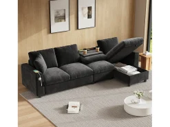 Sofá de canto de 4 lugares com 2 apoios de braço e espaço de armazenamento + mesa de centro dobrável com 2 porta-copos + porta USB - chenille - cinza