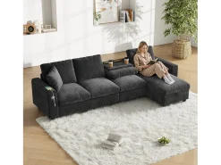 Sofá de canto de 4 lugares com 2 apoios de braço e espaço de armazenamento + mesa de centro dobrável com 2 porta-copos + porta USB - chenille - cinza