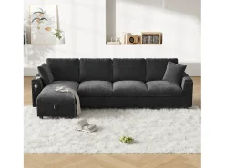 Sofá de canto de 4 lugares com 2 apoios de braço e espaço de armazenamento + mesa de centro dobrável com 2 porta-copos + porta USB - chenille - cinza