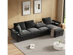 Sofá de canto de 4 lugares com 2 apoios de braço e espaço de armazenamento + mesa de centro dobrável com 2 porta-copos + porta USB - chenille - cinza