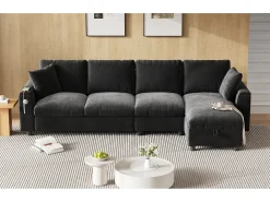 Sofá de canto de 4 lugares com 2 apoios de braço e espaço de armazenamento + mesa de centro dobrável com 2 porta-copos + porta USB - chenille - cinza
