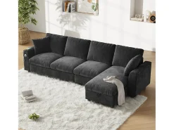 Sofá de canto de 4 lugares com 2 apoios de braço e espaço de armazenamento + mesa de centro dobrável com 2 porta-copos + porta USB - chenille - cinza