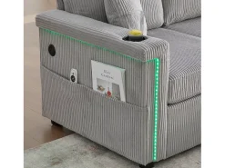 Sofá de canto de 3 lugares em bombazine cinza claro - Com iluminação LED, portas USB/Tipo-C e 2 gavetas.