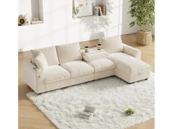 Sofá de canto de 4 lugares com 2 apoios de braço e espaço de arrumação + mesa de centro dobrável com 2 porta-copos + porta USB - chenille - bege
