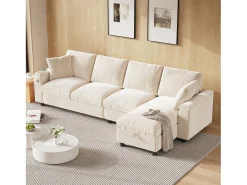 Sofá de canto de 4 lugares com 2 apoios de braço e espaço de arrumação + mesa de centro dobrável com 2 porta-copos + porta USB - chenille - bege