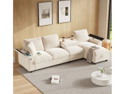 Sofá de canto de 4 lugares com 2 apoios de braço e espaço de arrumação + mesa de centro dobrável com 2 porta-copos + porta USB - chenille - bege