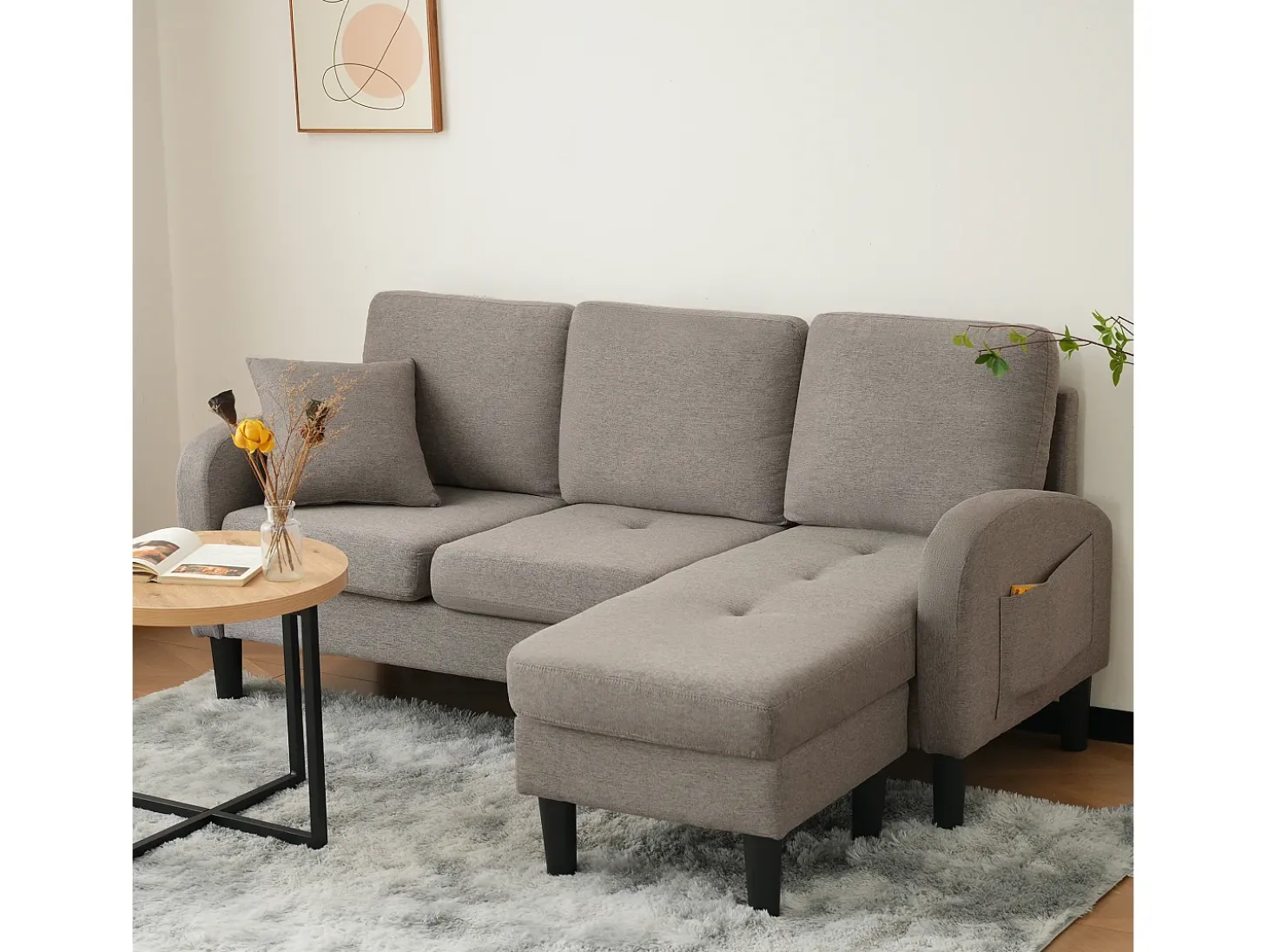 Sofá de canto de 3 lugares com chaise longue - 185 x 118 x 82 cm - tecido respirável de algodão e linho - cinza escuro antigo