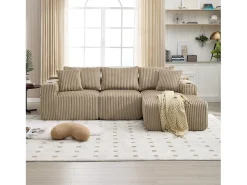 Sofá de canto de 3 lugares com chaise longue e 5 almofadas - Tecido de bombazine - Cor caqui