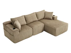 Sofá de canto de 3 lugares com chaise longue e 5 almofadas - Tecido de bombazine - Cor caqui