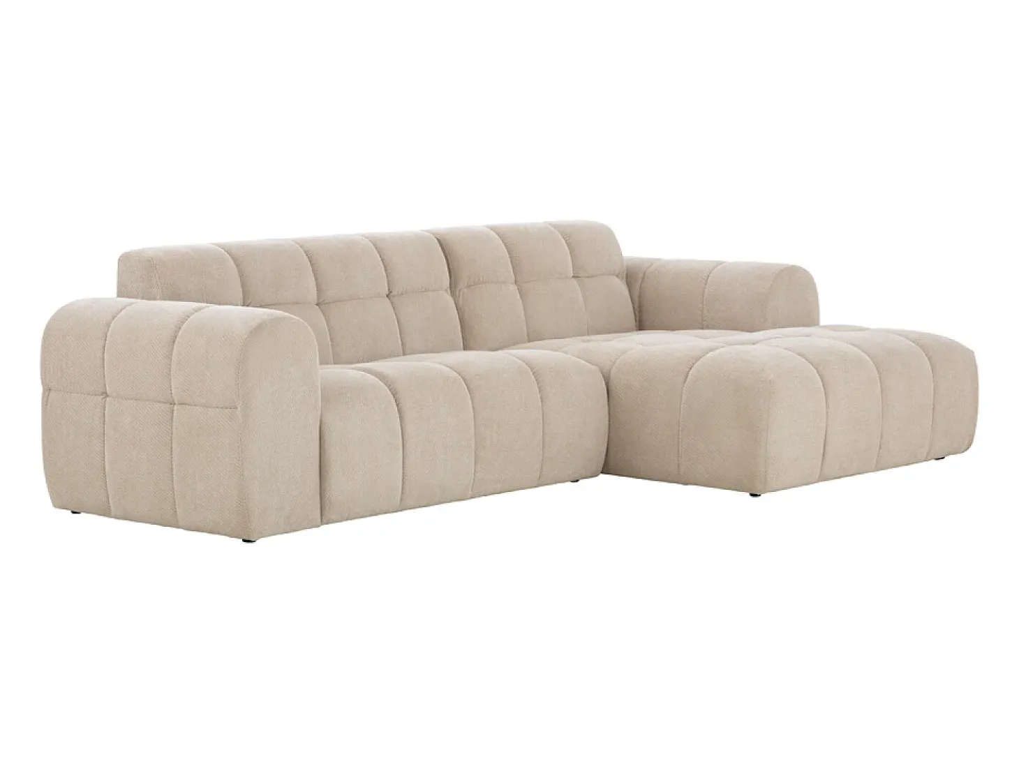 Sofá de canto de 3 lugares em veludo bege com chaise longue direita - Confortável e moderno