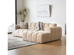 Sofá de canto de 3 lugares em veludo bege com chaise longue direita - Confortável e moderno
