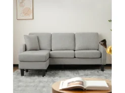 Sofá de canto de 3 lugares com chaise longue - 185 x 118 x 82 cm - tecido respirável de algodão e linho - Cinza
