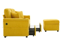 Sofá de canto de 3 lugares em bombazine amarelo mostarda - Com iluminação LED, portas USB/Tipo-C e 2 gavetas.
