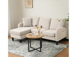 Sofá de canto de 3 lugares com chaise longue - 185 x 118 x 82 cm - tecido respirável de algodão e linho - Bege