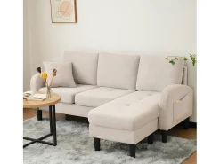 Sofá de canto de 3 lugares com chaise longue - 185 x 118 x 82 cm - tecido respirável de algodão e linho - Bege
