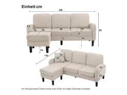 Sofá de canto de 3 lugares com chaise longue - 185 x 118 x 82 cm - tecido respirável de algodão e linho - Bege