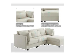 Sofá de canto de 3-4 lugares, mobiliário estofado em forma de L, tecido de linho, 220x83x81cm, bege