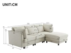 Sofá de canto de 3-4 lugares, mobiliário estofado em forma de L, tecido de linho, 220x83x81cm, bege