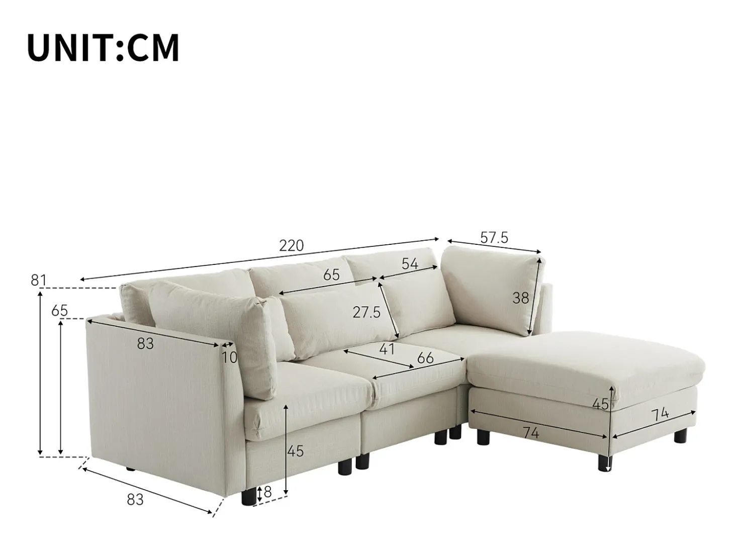 Sofá de canto de 3-4 lugares, mobiliário estofado em forma de L, tecido de linho, 220x83x81cm, bege