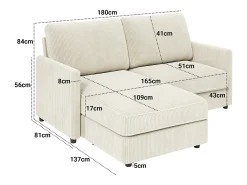Sofá de canto de 2 -Sater - ângulo reversível da direita / esquerda - 180x140x86cm - em tecido de veludo com nervuras - Max 300kg Load - bege