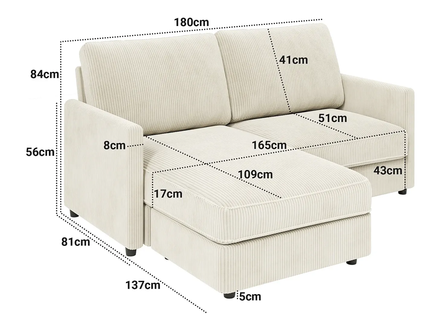 Sofá de canto de 2 -Sater - ângulo reversível da direita / esquerda - 180x140x86cm - em tecido de veludo com nervuras - Max 300kg Load - bege