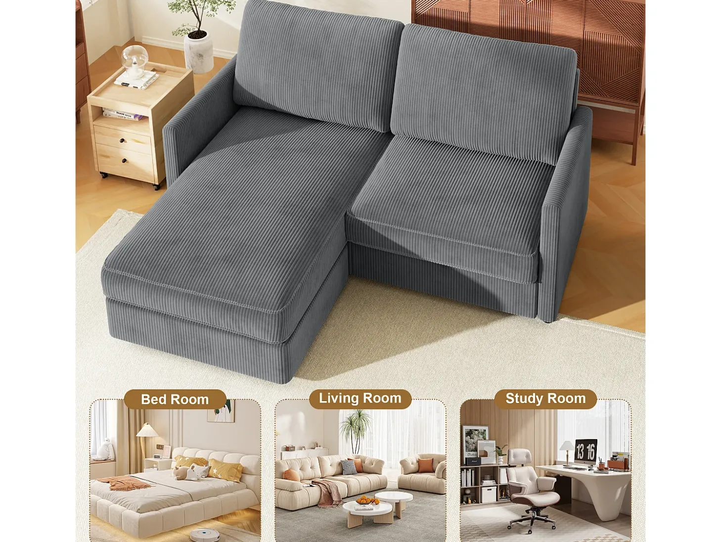 Sofá de canto de 2 -Sater - ângulo reversível da direita / esquerda - 180x140x86cm - em tecido de veludo com nervuras - Max 300kg Load - Antracite cinza