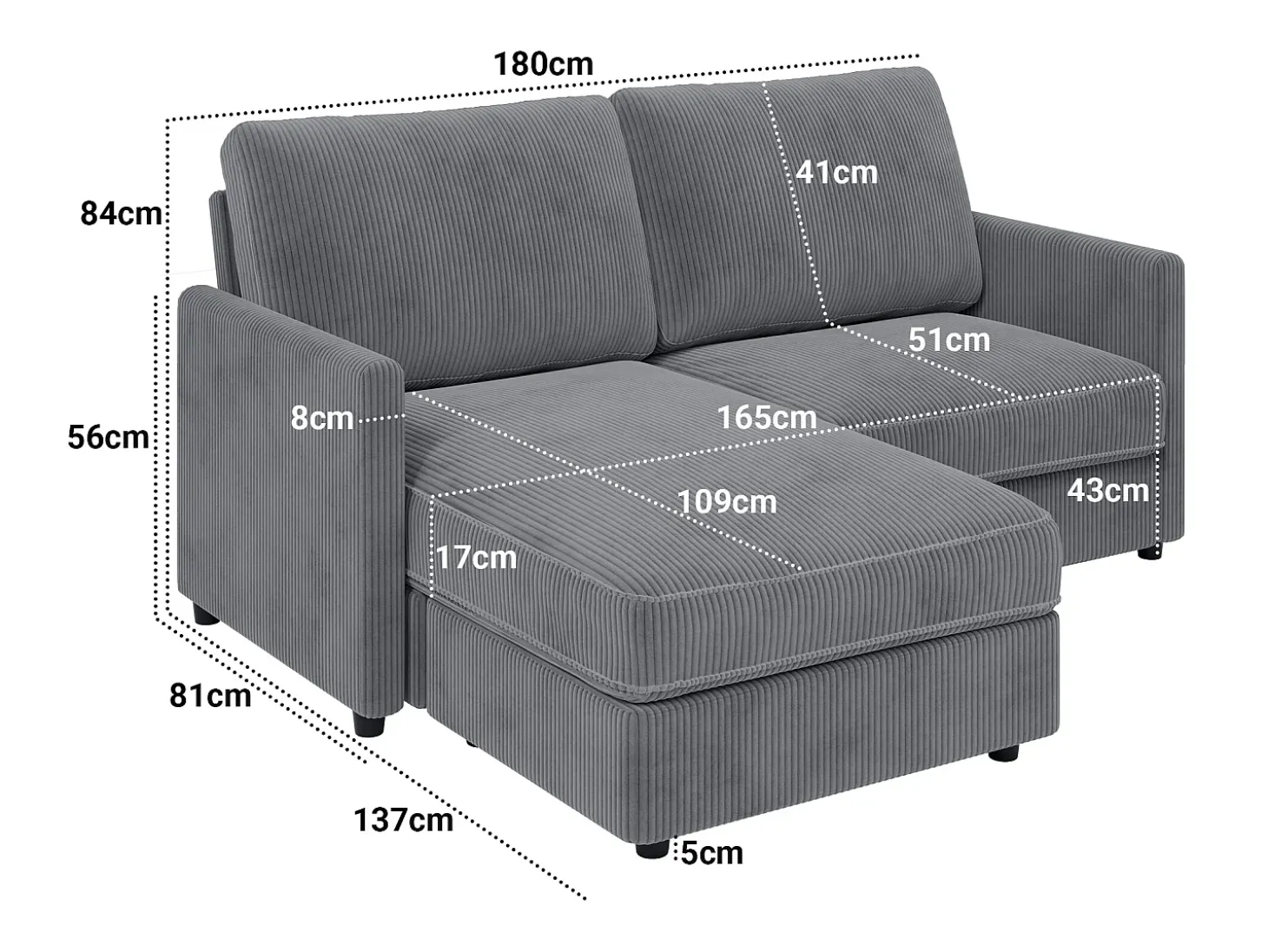 Sofá de canto de 2 -Sater - ângulo reversível da direita / esquerda - 180x140x86cm - em tecido de veludo com nervuras - Max 300kg Load - Antracite cinza