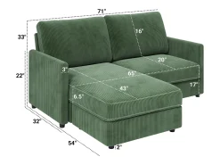 Sofá de canto de 2 -Sater - ângulo reversível para a direita / esquerda - 180x140x86cm - em tecido de veludo com nervuras - carga máxima de 300 kg - verde