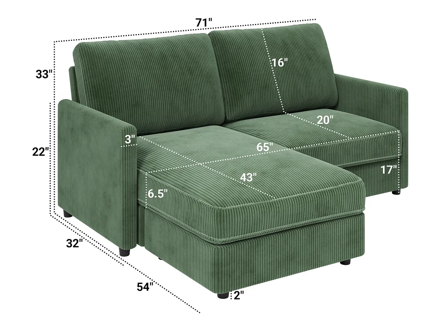 Sofá de canto de 2 -Sater - ângulo reversível para a direita / esquerda - 180x140x86cm - em tecido de veludo com nervuras - carga máxima de 300 kg - verde