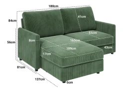 Sofá de canto de 2 -Sater - ângulo reversível para a direita / esquerda - 180x140x86cm - em tecido de veludo com nervuras - carga máxima de 300 kg - verde