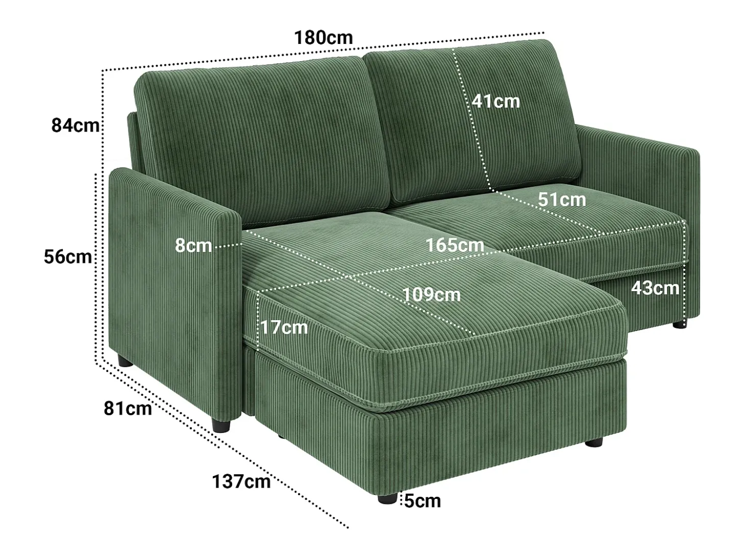 Sofá de canto de 2 -Sater - ângulo reversível para a direita / esquerda - 180x140x86cm - em tecido de veludo com nervuras - carga máxima de 300 kg - verde