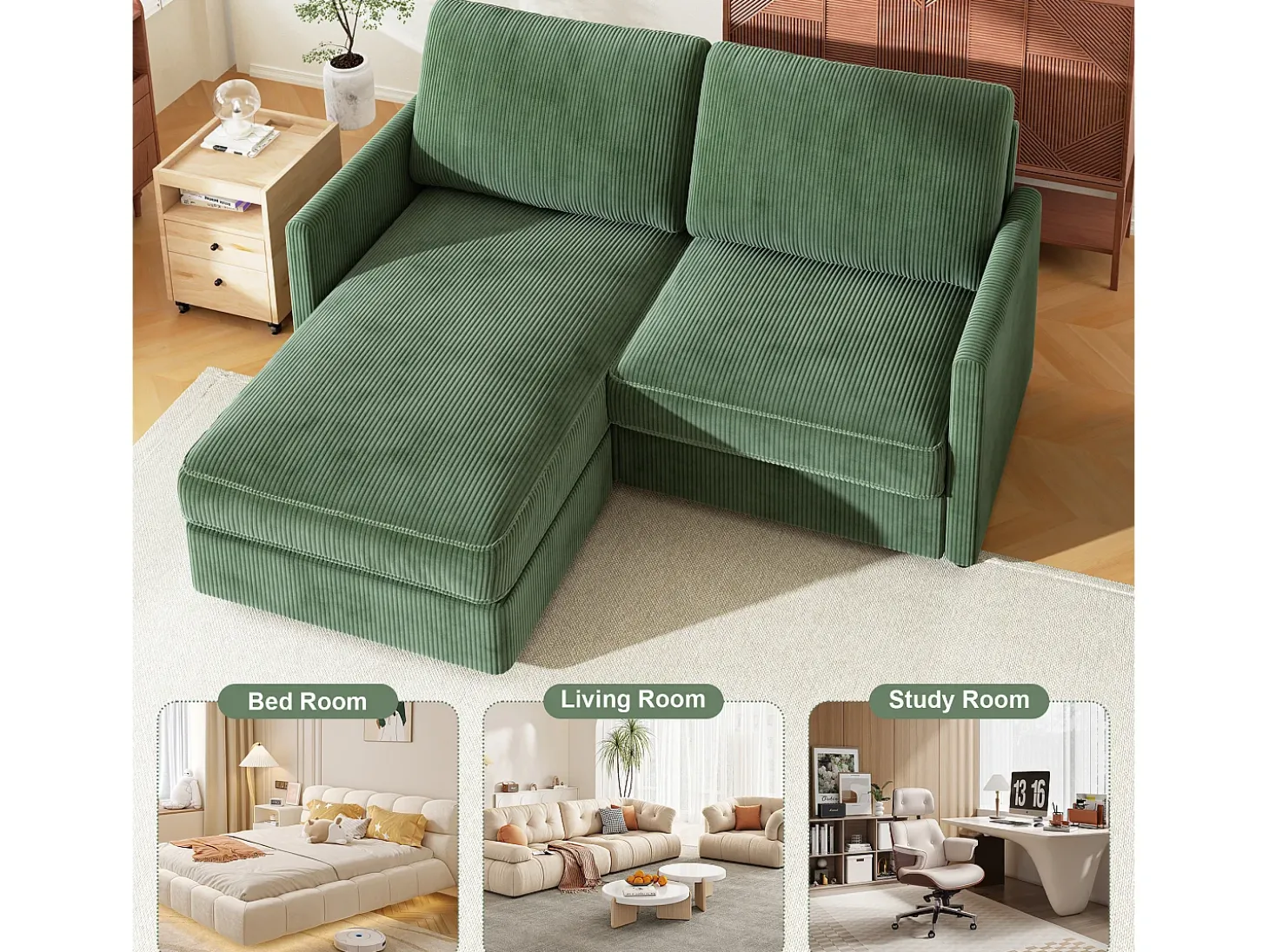 Sofá de canto de 2 -Sater - ângulo reversível para a direita / esquerda - 180x140x86cm - em tecido de veludo com nervuras - carga máxima de 300 kg - verde