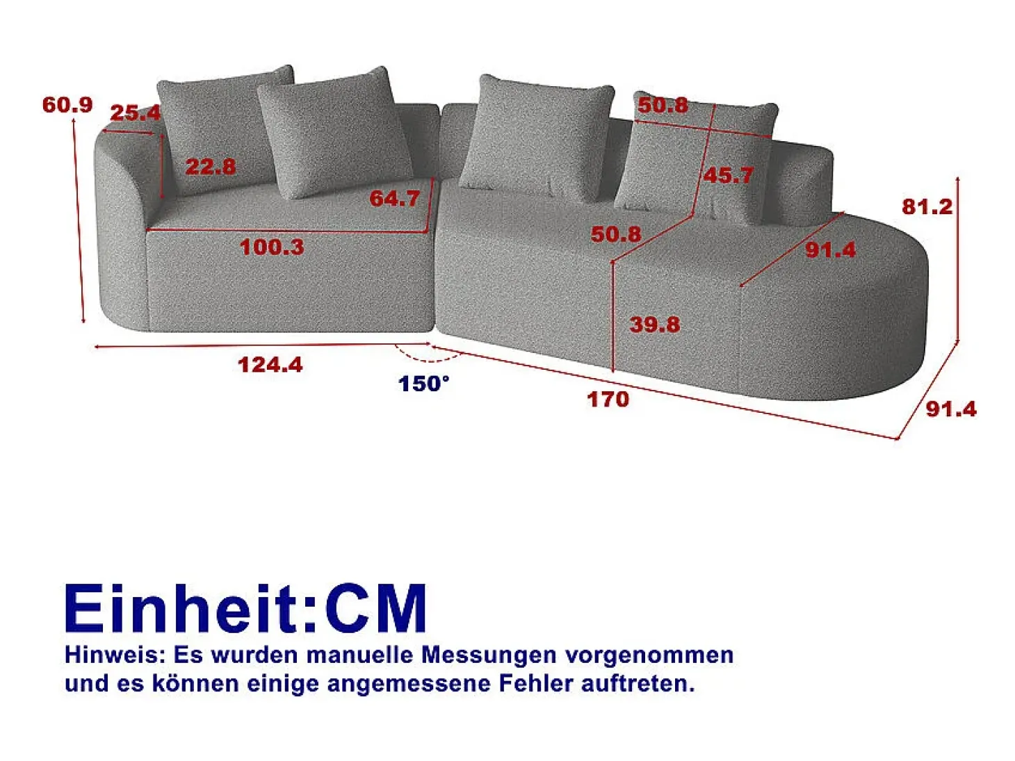 Sofá de Canto Direito Moderno Superdimensionado 4 Lugares, com 4 Almofadas, Chaise Longue Curva, Tecido Chenille, Cinza Antracito
