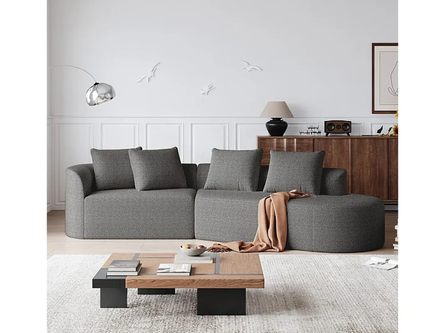 Sofá de Canto Direito Moderno Superdimensionado 4 Lugares, com 4 Almofadas, Chaise Longue Curva, Tecido Chenille, Cinza Antracito