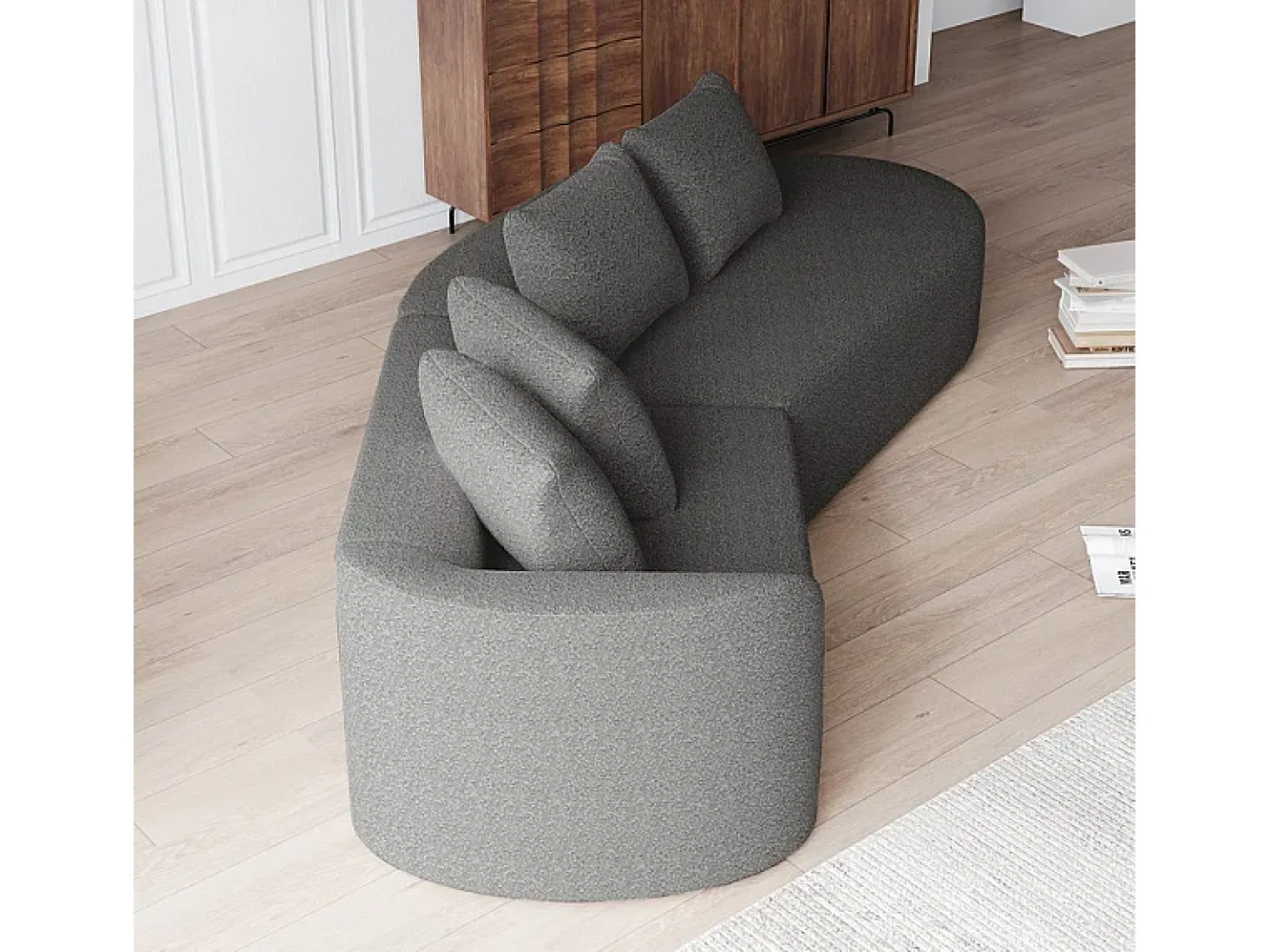 Sofá de Canto Direito Moderno Superdimensionado 4 Lugares, com 4 Almofadas, Chaise Longue Curva, Tecido Chenille, Cinza Antracito