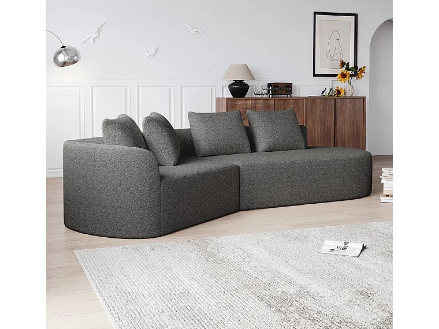 Sofá de Canto Direito Moderno Superdimensionado 4 Lugares, com 4 Almofadas, Chaise Longue Curva, Tecido Chenille, Cinza Antracito