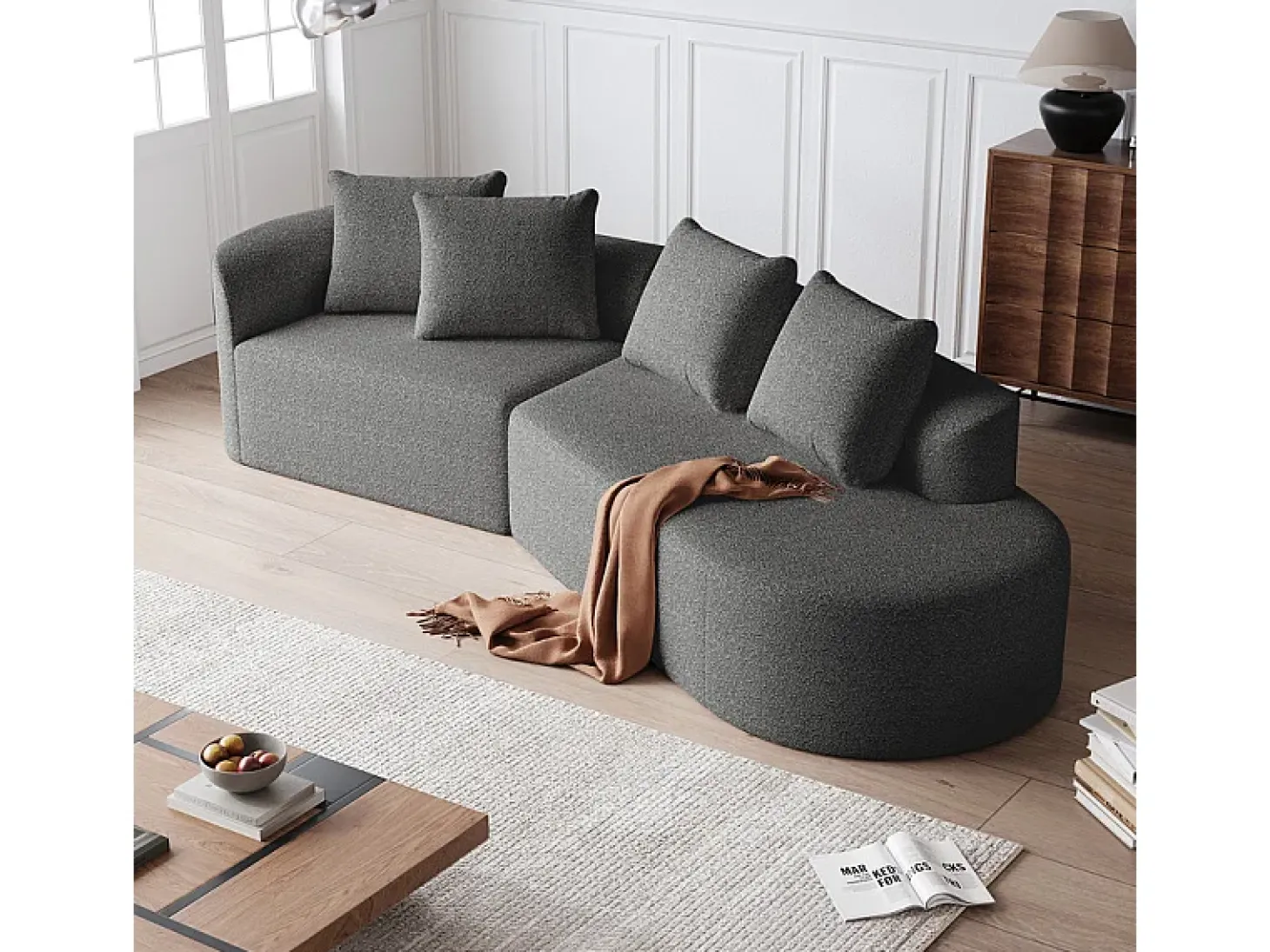 Sofá de Canto Direito Moderno Superdimensionado 4 Lugares, com 4 Almofadas, Chaise Longue Curva, Tecido Chenille, Cinza Antracito
