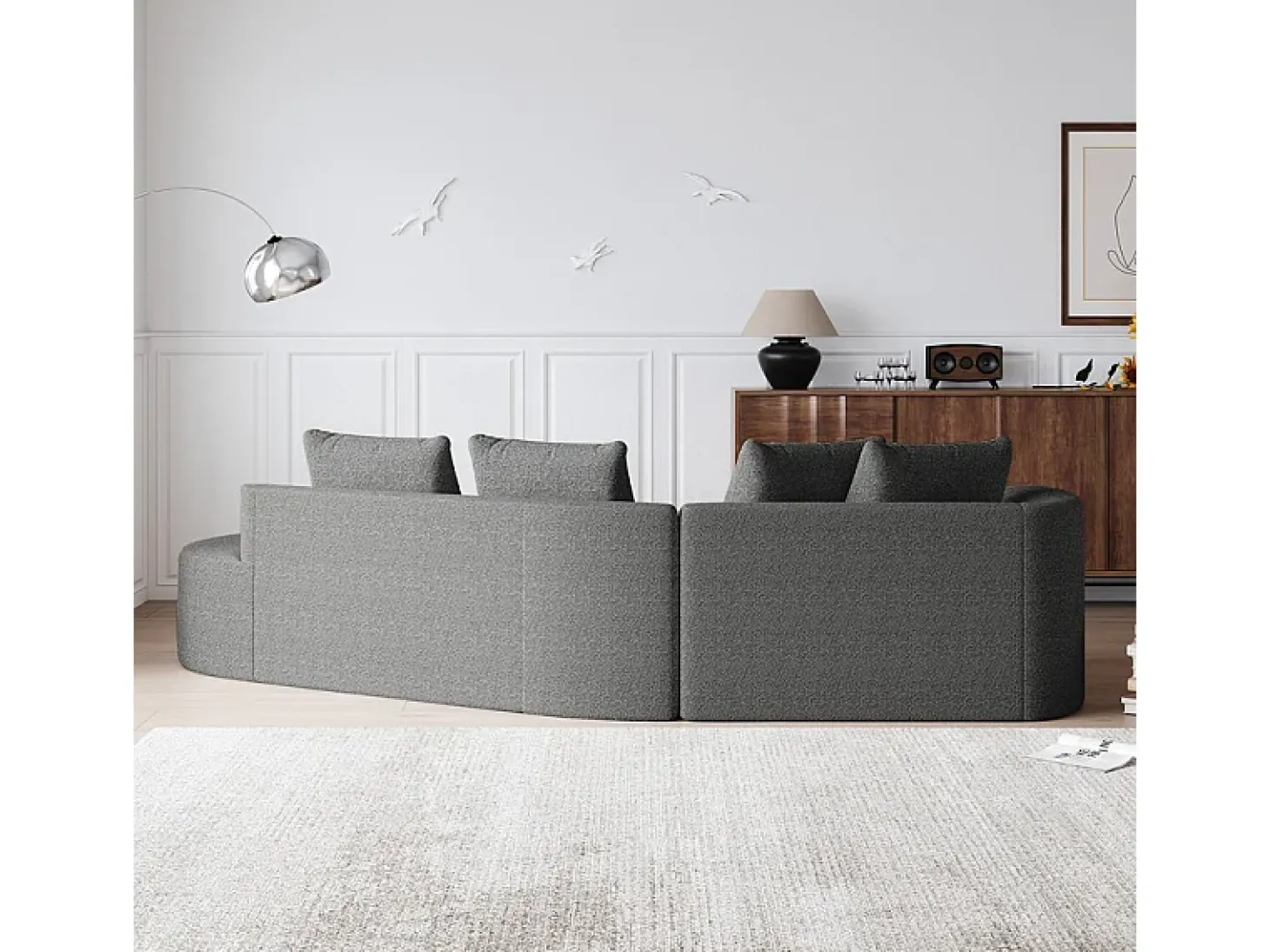Sofá de Canto Direito Moderno Superdimensionado 4 Lugares, com 4 Almofadas, Chaise Longue Curva, Tecido Chenille, Cinza Antracito