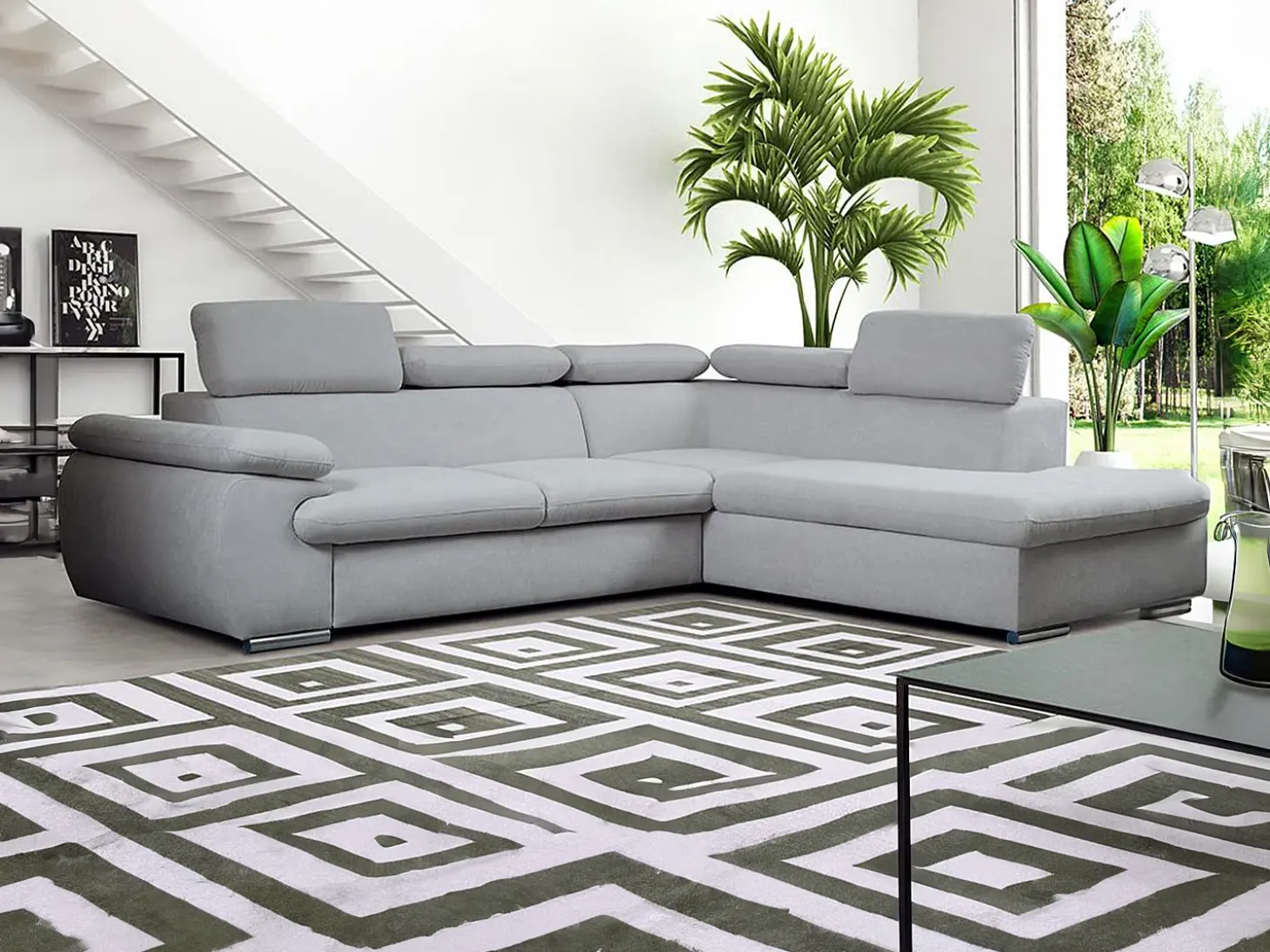 Sofá de canto direito modular em tecido cinza claro FABIEN