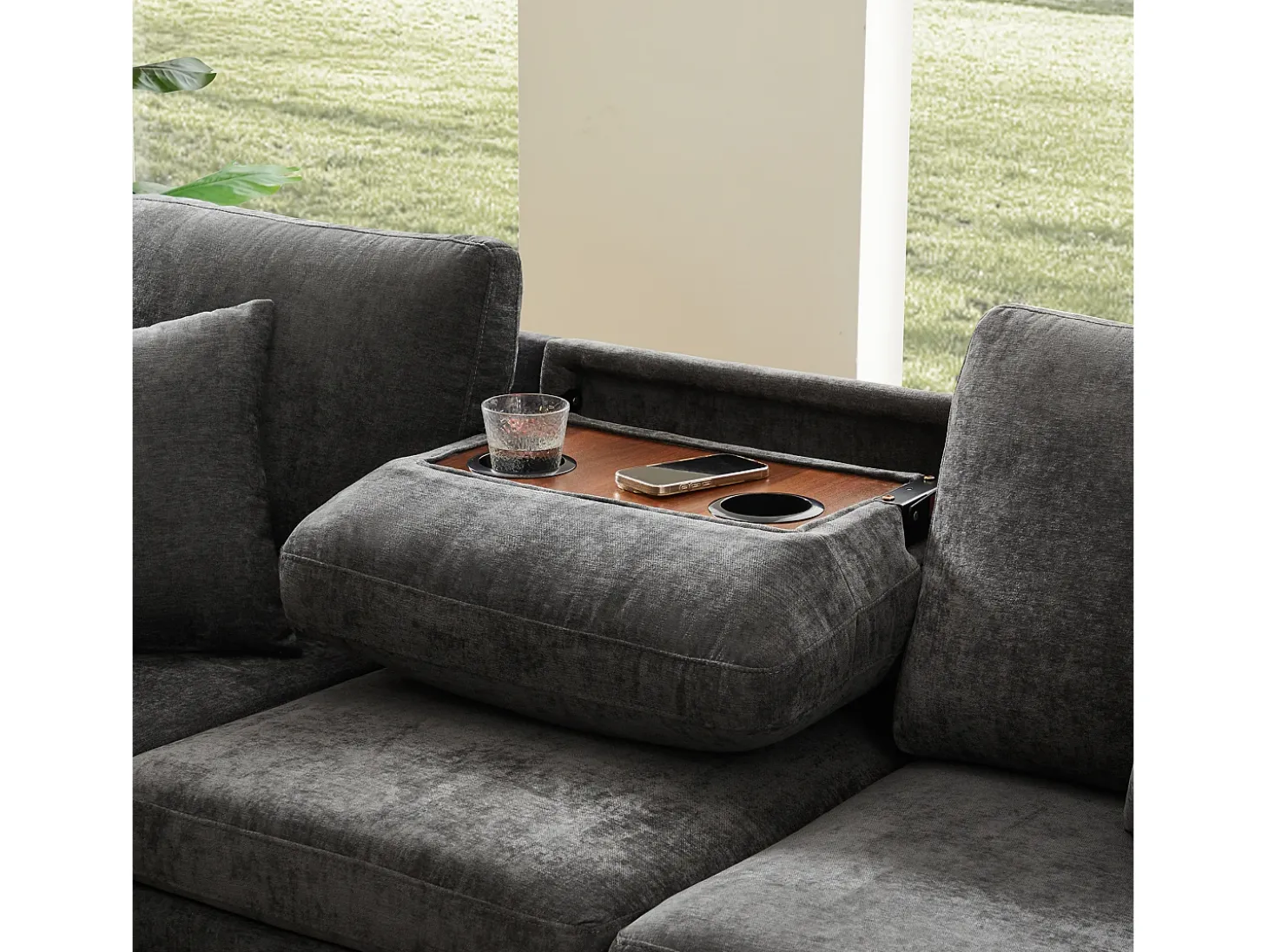 Sofá de canto em chenille - con função de dormir - con USB, Type-C e lâmpada de leitura - encosto dobrável con dois porta-copos - con banco - Cinza