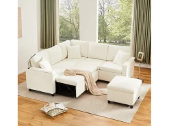 Sofá de canto em chenille - con función de dormir - con USB, Type-C e lâmpada de leitura - encosto dobrável con dois porta-copos - con banco - Bege