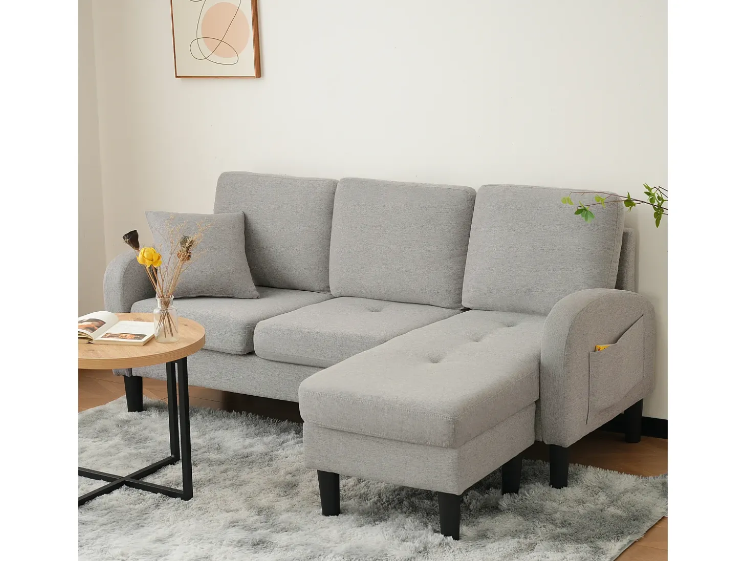 Sofá de canto em forma de L, 185 x 118 x 82 cm, tecido de algodão respirável, pés de plástico, design modular,cinzento