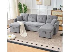 Sofá de canto em forma de U com 3 lugares e espaço para arrumação - Sofá-cama em tecido chenille - Cinza