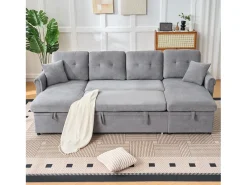 Sofá de canto em forma de U com 3 lugares e espaço para arrumação - Sofá-cama em tecido chenille - Cinza