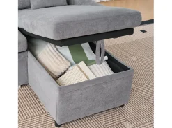 Sofá de canto em forma de U com 3 lugares e espaço para arrumação - Sofá-cama em tecido chenille - Cinza